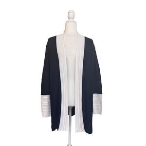 St John Navy Blue White Open Front Ribbed Knit Cardigan Womens Size S